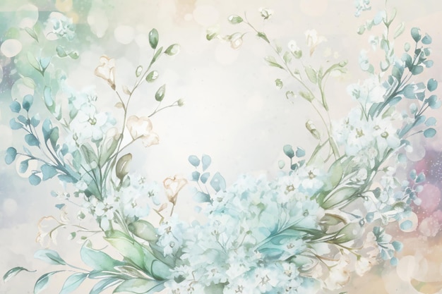 青い花と緑の葉を持つ水彩画の背景。
