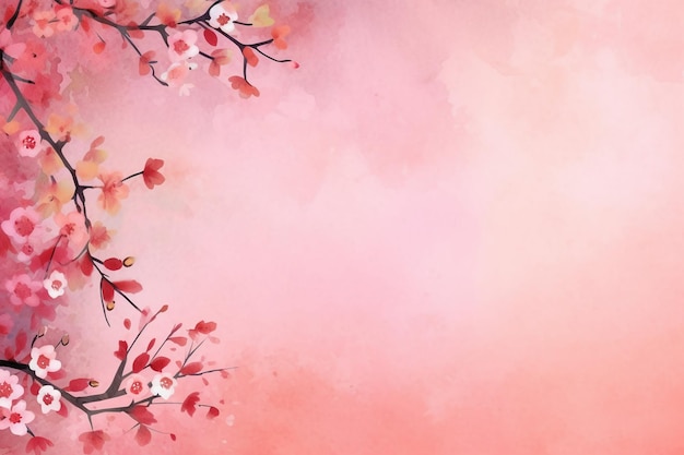 Watercolor background with a branch of cherry blossoms on a pink background