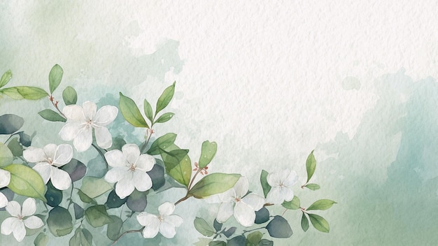 Photo watercolor background with a branch of flowers and green leaves.