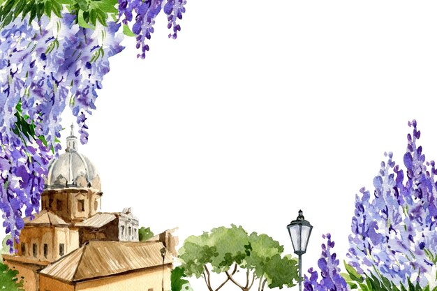 watercolor background with branch of wisteria blossom flowers and old European town illustration