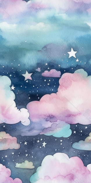 Watercolor background with clouds and stars in the sky
