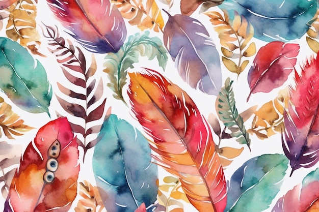 A watercolor background with colorful feathers and a bird.