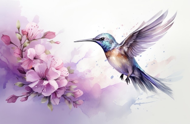 Watercolor background with a colorful hummingbird with lilac flowers