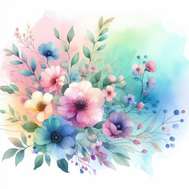 Watercolor background with drawn flowers