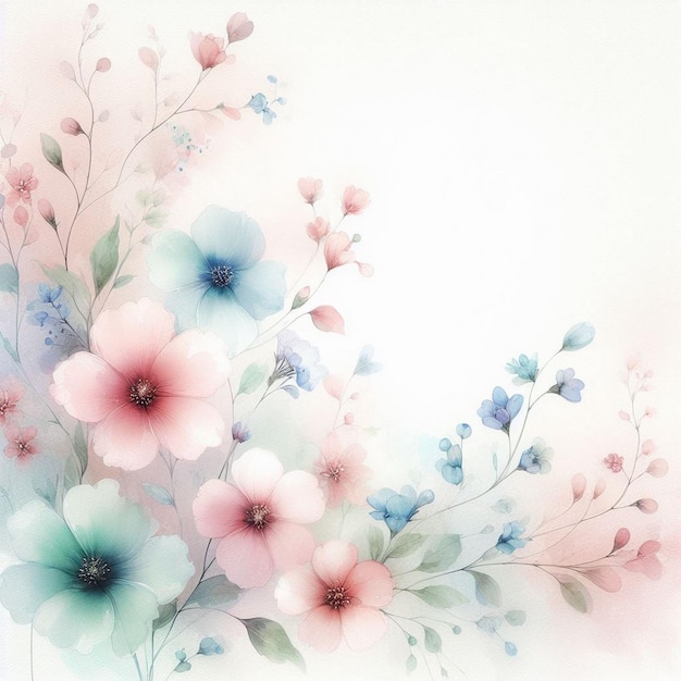 Watercolor background with drawn flowers