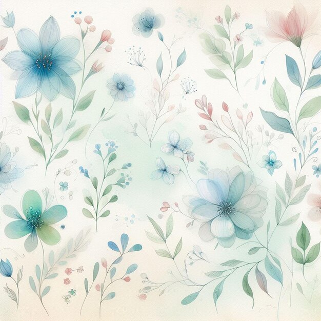 Watercolor background with drawn flowers