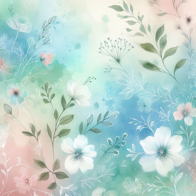 Watercolor background with drawn flowers