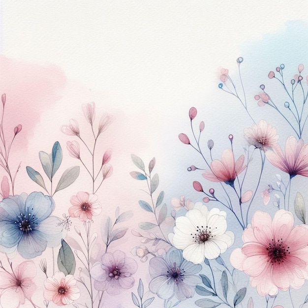 Watercolor background with drawn flowers