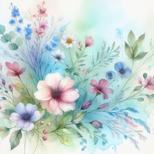 Watercolor background with drawn flowers