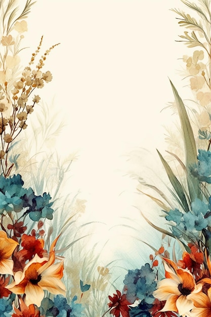 花と草のある水彩画の背景。