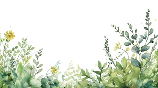 Акварельный фон с зелеными листьями и ветвями, нарисованными вручную векторными иллюстрациями, генеративный AI