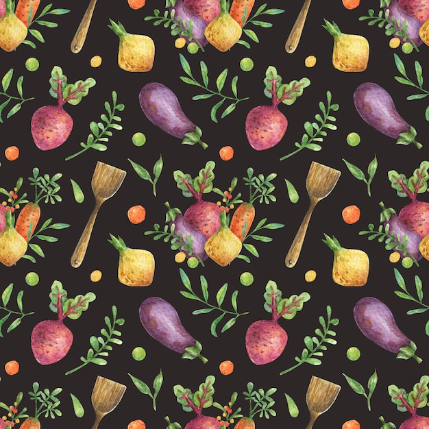 Watercolor background with illustration of vegetables (beets, carrots, eggplant, onions) and wooden utensils.