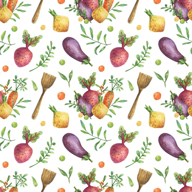 Watercolor background with illustration of vegetables and wooden utensils