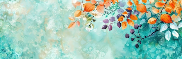 Watercolor background with orange and blue leaves white flowers