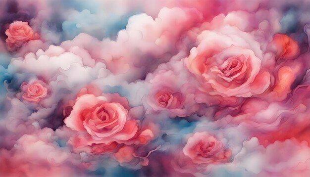 watercolor background with pink roses and clouds