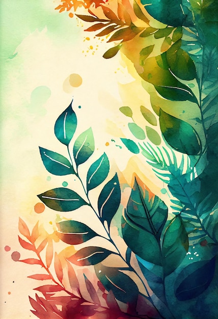 Watercolor background with a plant and leaves.