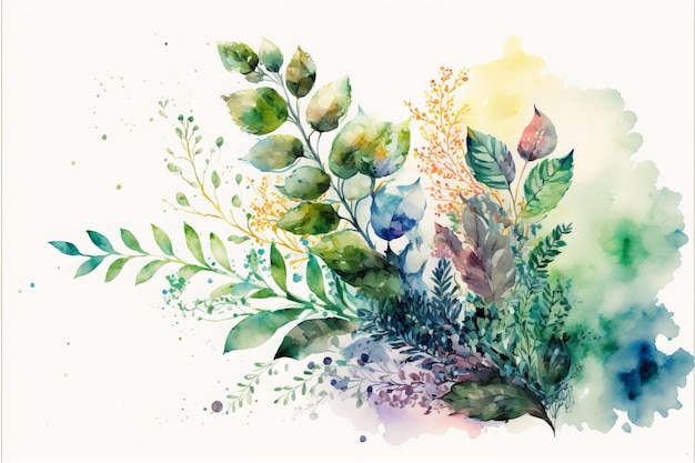 花や植物の葉と葉で作られた、白い中心の背景の水彩画