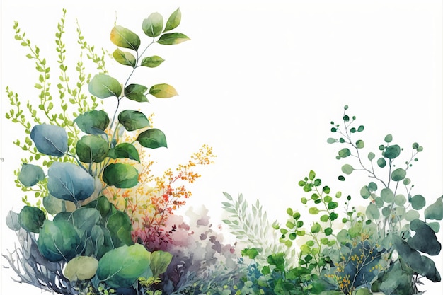 Photo watercolor of background with white center, with made with leaves and foliage of flowers and plants