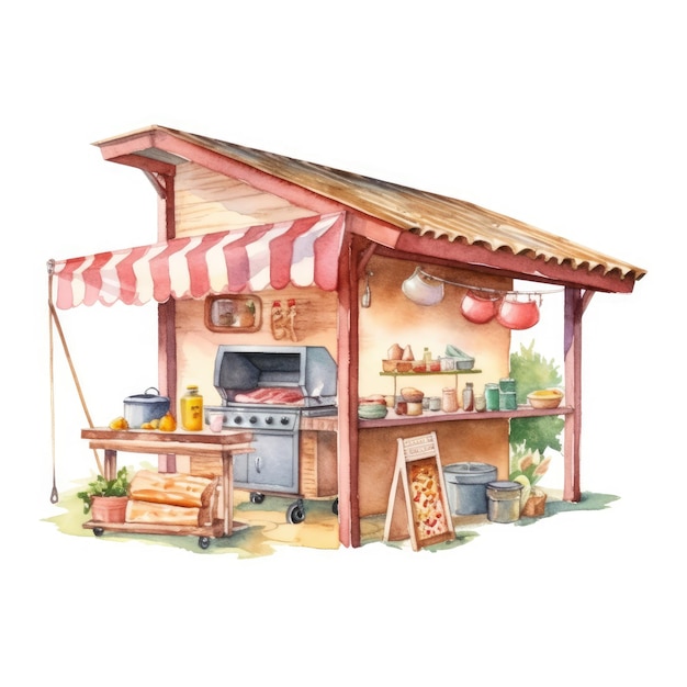 Watercolor of a backyard barbecue with a hot dog stand and a grill