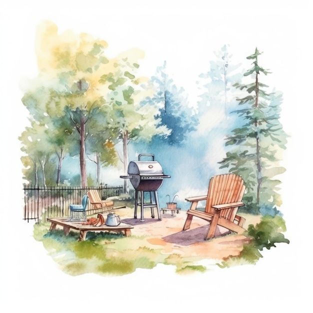 Photo watercolor of a backyard with a picnic table and a grill