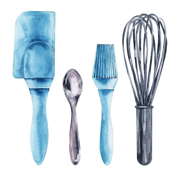 Watercolor baking tools on a white background