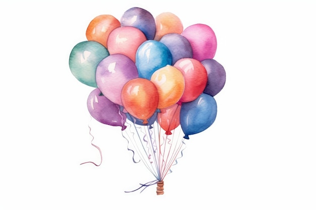 Watercolor balloon bouquet with an assortment of colors on white background AI generated