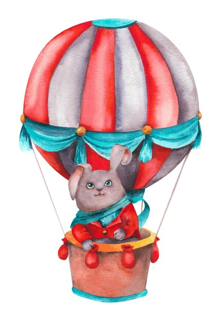 Watercolor balloon with a basket A red and white travel balloon with a hare on board