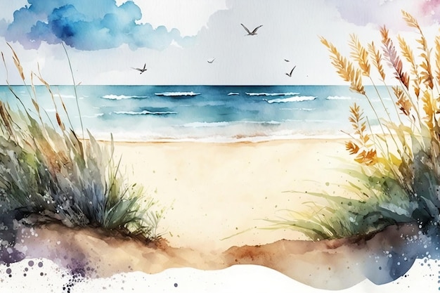 Photo watercolor banner featuring a summer beach landscape with space for text generative ai