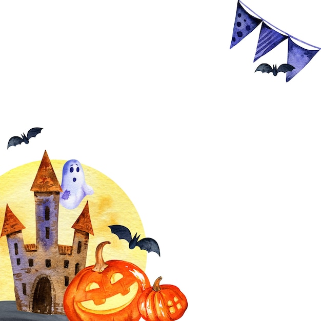 Watercolor banner of halloween theme with tower pumpkins ghost and bats on watercolor moon backgroun