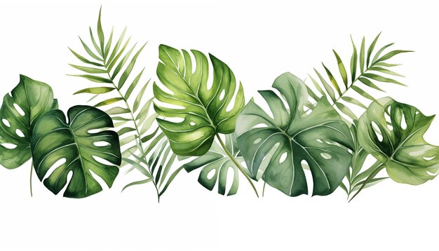 Watercolor banner tropical leaves isolated