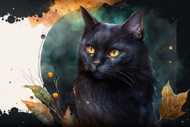 Photo watercolor banner with black cat for halloween copy space generative ai