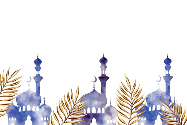 Photo watercolor banner with islamic arabian illustrations golden date palm silhouette of islamic mosque