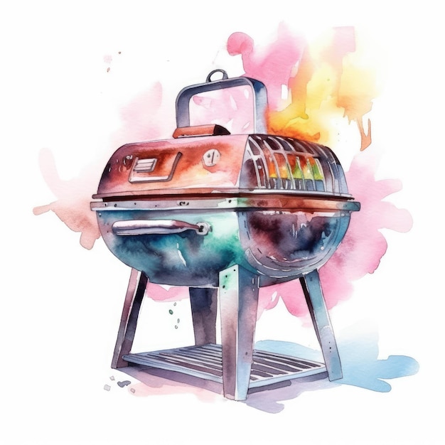 Watercolor of a barbecue grill with flames shooting out of it