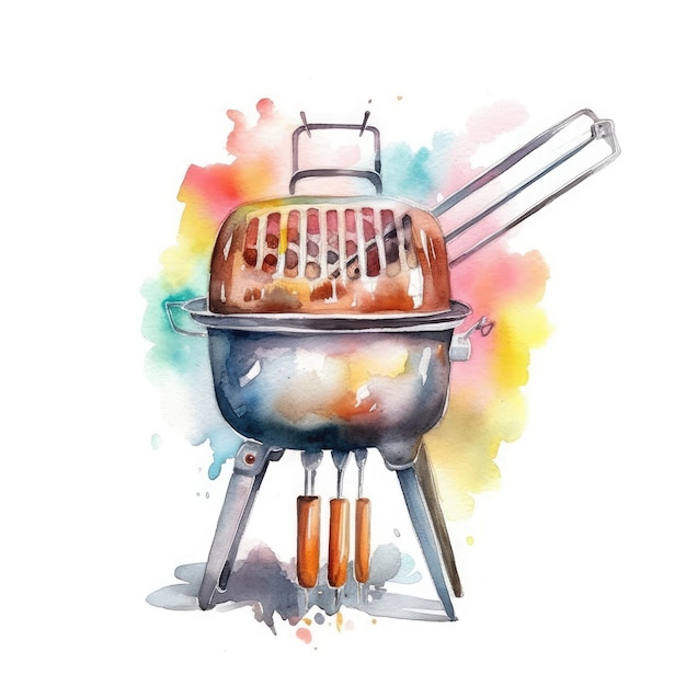 Photo watercolor of a barbecue grill with a spatula and tongs on it