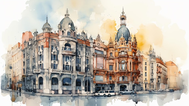 Watercolor Barcelona architecture sketch generative