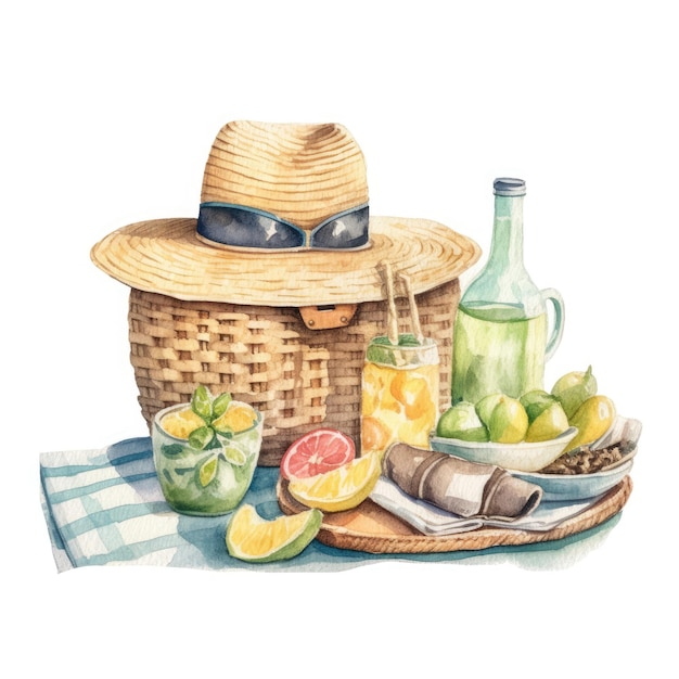 Watercolor of a basket of food and drinks with a sunhat and sunglasses