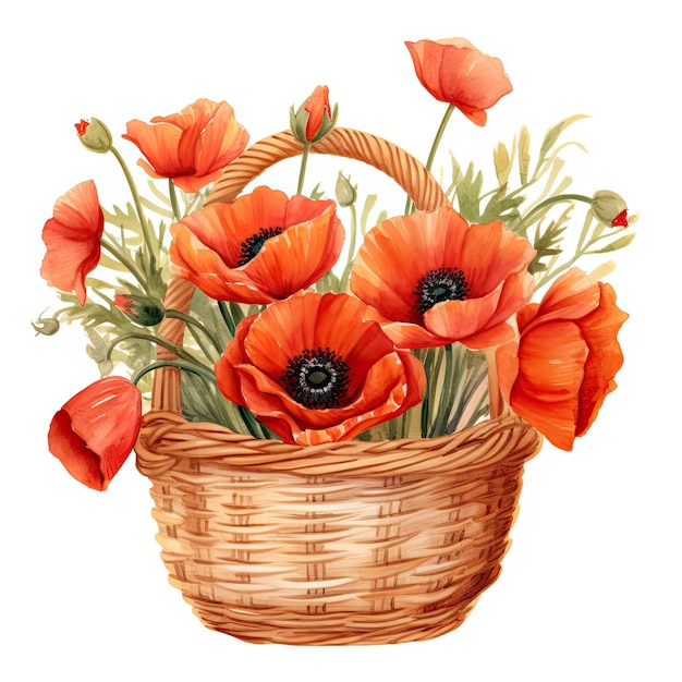 Watercolor basket of poppy flowers clipart