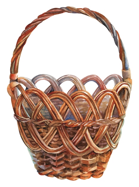 Watercolor basket Wicker wooden basket on a white background