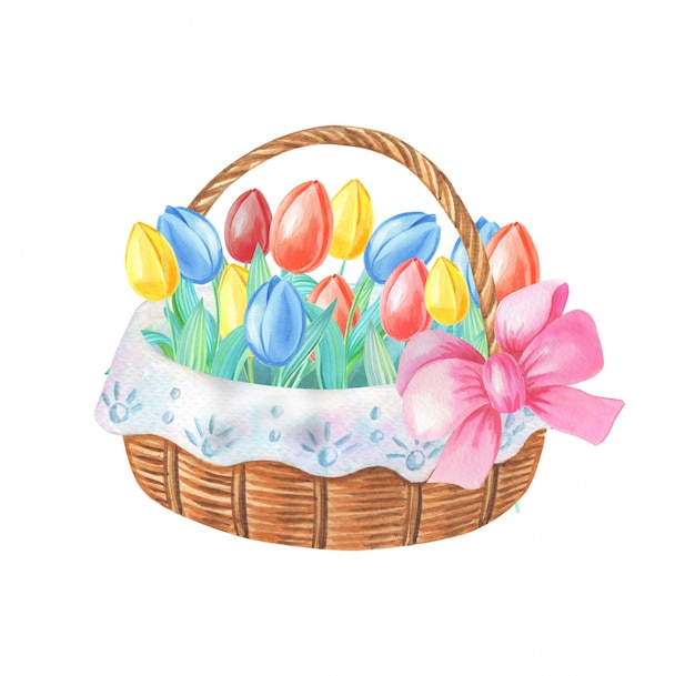 Watercolor basket with tulips and a pink bow