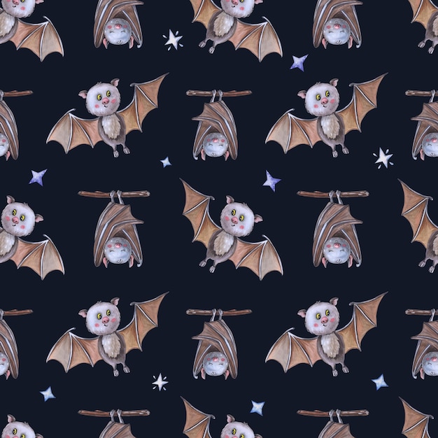 Watercolor bat on black background Halloween seamless pattern