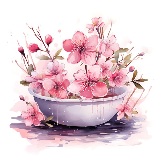 Акварель ванной комнаты с цветущими вишневыми цветами Мягкие розовые и Delica Art Tshrit Sticker Ink