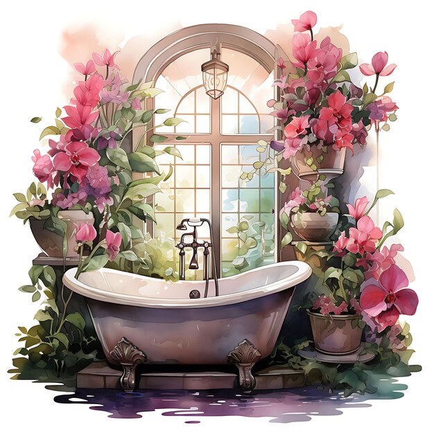 Photo watercolor of bathroom with blooming floral garden vibrant pinks and fresh art tshrit sticker ink