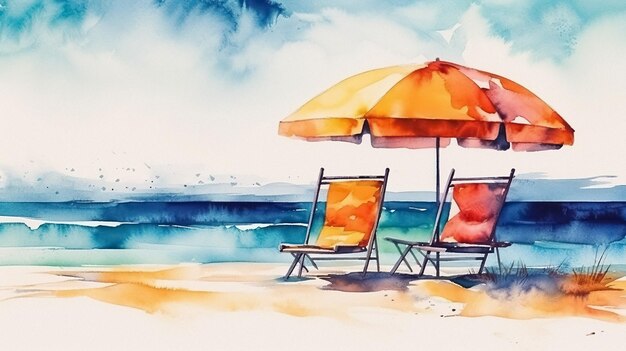 Watercolor Beach Banner Tropical Art Summer Vacation Sand Sea amp Sky Two Chairs and Umbrella