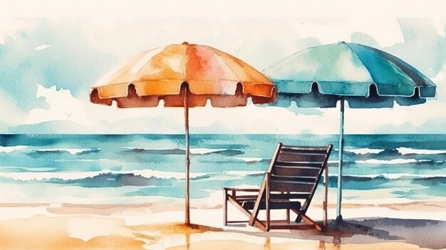 Акварель Пляж Баннер Тропическое Искусство Летние Каникулы Песок Море Небо Два Стула и Зонт