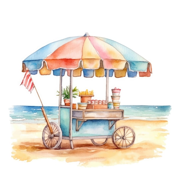 Watercolor of a beach scene with an ice cream cart