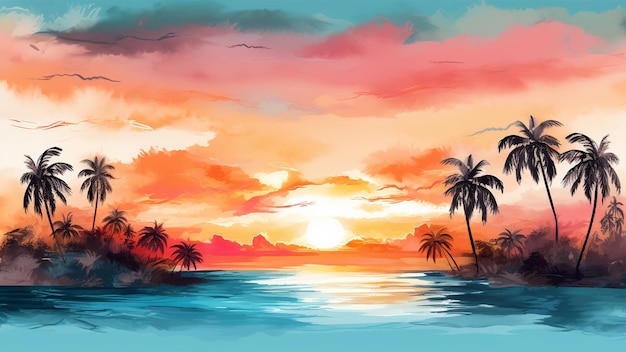 Watercolor beach sunsets Background gradient landscape dynamic cover with waves generative ai