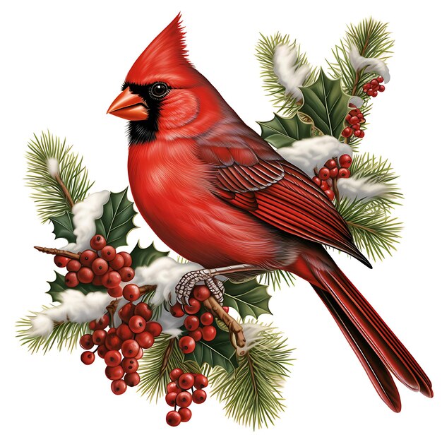 Foto acquerel_beautiful_cardinal_winter_bird_feeder_holly_evergreen_tree_f_creative_cute_decoration_