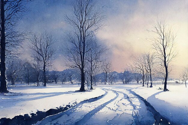 Watercolor of a beautiful christmas winter landscape watercolor winter landscape