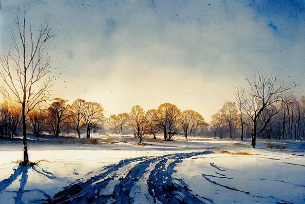 Watercolor of a beautiful christmas winter landscape watercolor winter landscape