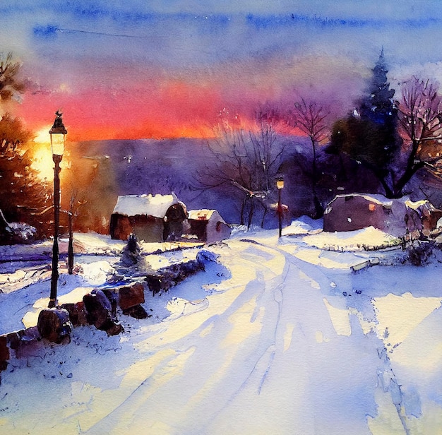 Foto acquerello di un bellissimo paesaggio invernale di natale paesaggio invernale ad acquerello